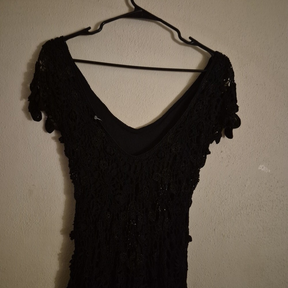Vintage Black Crochet Lace V-Neck Asymetrical Women’s Dress - Picture 10 of 16